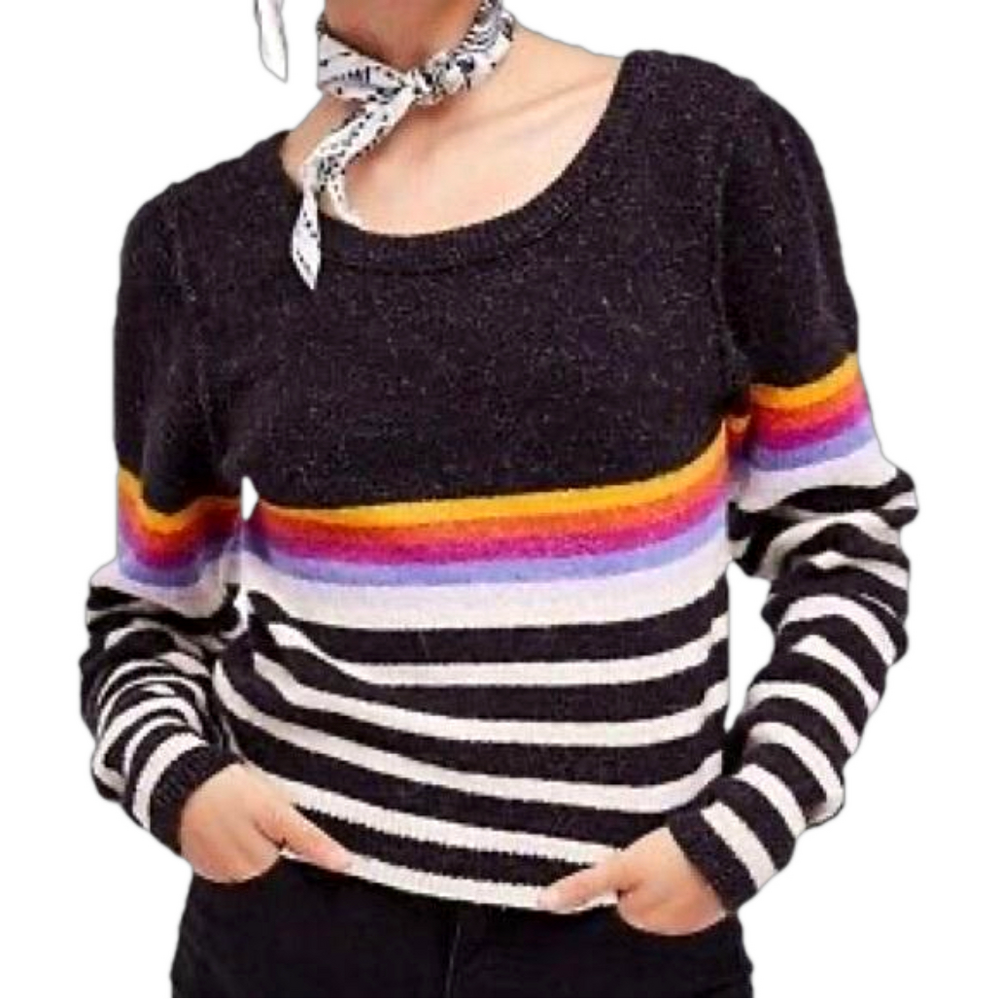 Free People Black Complete Me Rainbow Stripe Alpaca Pullover Sweater XS